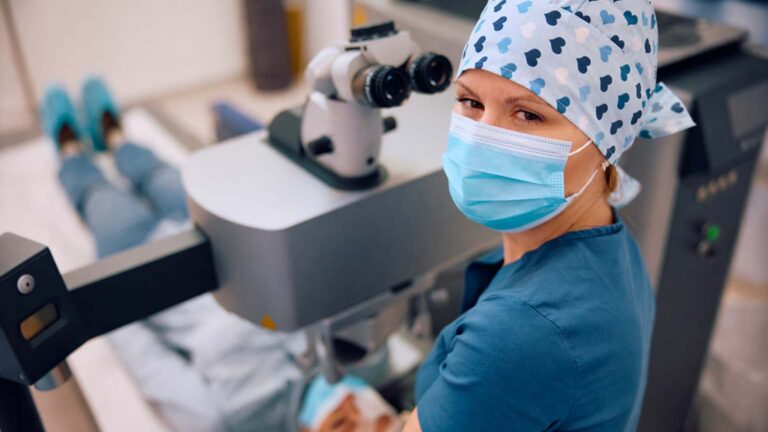 eye surgeon during cataract surgery